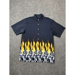 Mens Button Up Sideout Skull Flame Graphic‎ Shirt Blue Black, Size S